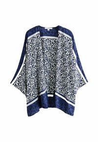 Marineblauwe en witte kimono-stijl cardigan met bladpatroon, open voorkant, brede mouwen en effen marineblauwe accenten aan de onderrand en manchetten.