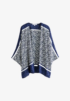 Marineblå og hvid kimono-stil cardigan med bladmønster, åben front, brede ærmer og ensfarvede marineblå detaljer i kant og manchetter.