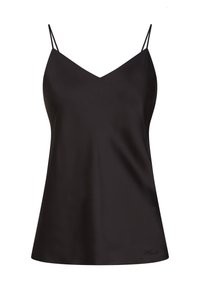 Camisola din satin negru cu bretele subțiri și ajustabile, decupaj în V, siluetă fluidă și detaliu logo subtil în partea stângă jos.