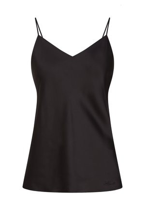 Must sünteetilisest satiinist rinnahoidja õhukeste reguleeritavate rihmadega, V-kujuline kaelus, voolav siluett ja peen logodetail vasakus alumises nurgas.