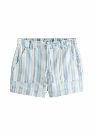 Light blue and white vertical striped shorts with front pockets, belt loops, and a drawstring waist detail.