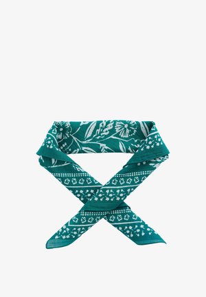 Türkiz sál fehér virágmintával, átfedő keresztmintával és texturált, könnyű anyagból, amely különféle stílusokhoz alkalmas.