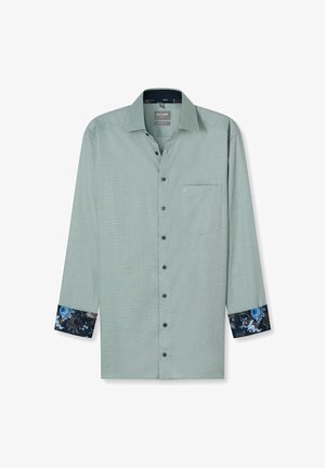 Helles grünes Langarmhemd mit einer Brusttasche, dunklen Knöpfen und floral gemusterten Manschetten in marineblauen und blauen Farbtönen. Strukturiert stoff.
