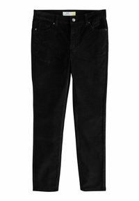Pantaloni negri, slim-fit, cu o textură netedă, buzunare frontale și închidere cu un singur buton din metal. Prezintă un design curat, fără accesorii.