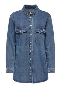 Jeanshemdjacket, blauw, drukknoopsluiting, twee borstzakken, studs op de kraag, lange mouwen, gebogen zoom, casual ontwerp.