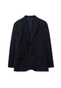Donkerblauwe blazer met verticale krijtstreepjes, inkeping revers, twee voorzakken, sluiting met één knoop en gladde stoftextuur.