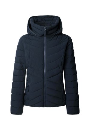 Giacca a vento blu navy con cappuccio, dotata di chiusura con zip, motivo a rombi obliqui e tasche laterali. Materiale morbido e isolato.