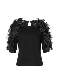 Schwarzes Oberteil mit kurzen Ärmeln, das mit gerafften schwarzen Organza-Akzenten an den Schultern verziert ist. Rundhalsausschnitt und Schlitzdetail am Rücken.