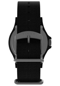 Montre Timex noire avec un bracelet texturé noir et une boucle grise. Comprend un boîtier rond et un design résistant à l'eau.