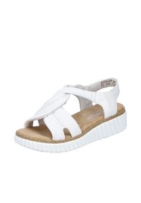White leather sandals with a textured wedge sole, featuring an open-toe design and crisscross straps. Soft footbed with light stitching details.