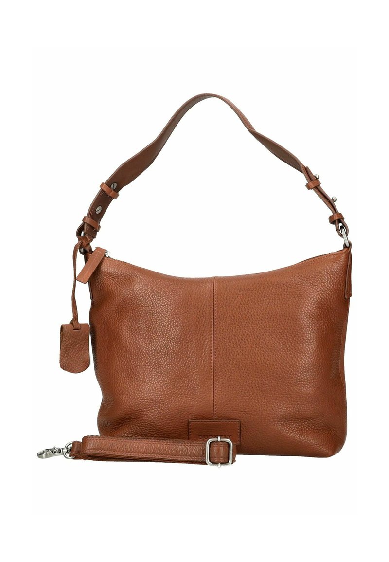 Borsa a spalla in pelle marrone testurizzata con tracolla regolabile, fibbia in argento e piccola borsa appesa su sfondo bianco.