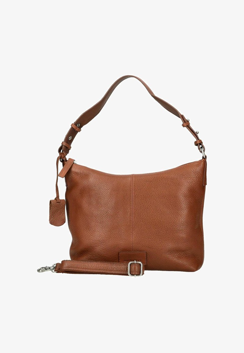 Borsa a spalla in pelle marrone testurizzata con tracolla regolabile, fibbia in argento e piccola borsa appesa su sfondo bianco.