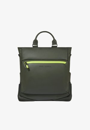 Groene leren tas met contrasterende neongele ritssluiting, dubbele handvatten en een strak, gestructureerd ontwerp. Voorzien van logodetail.