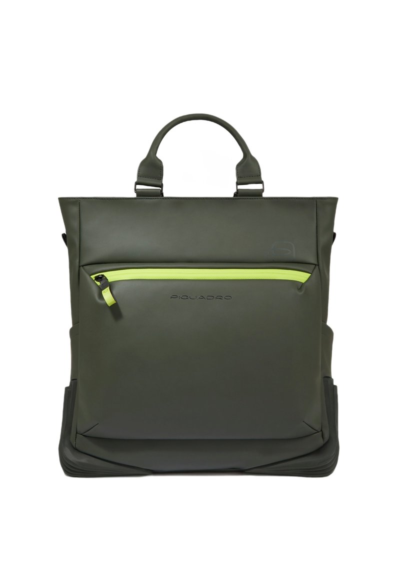 Borsa tote in pelle verde con zip a contrasto giallo neon, doppio manico e design elegante e strutturato. Presenta un dettaglio con il logo.