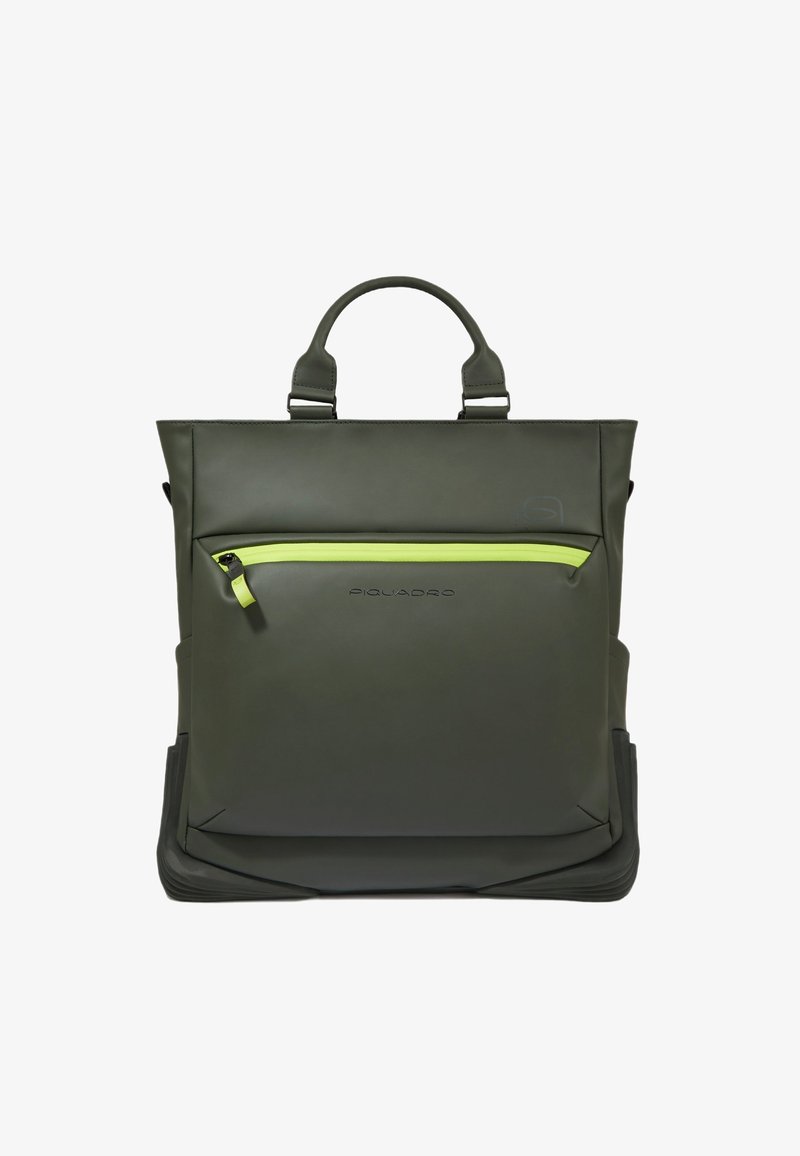 Borsa tote in pelle verde con zip a contrasto giallo neon, doppio manico e design elegante e strutturato. Presenta un dettaglio con il logo.