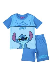 Ensemble de pyjama en coton bleu comprenant un t-shirt avec un motif de Stitch et le texte "STITCH", accompagné d'un short bleu assorti.