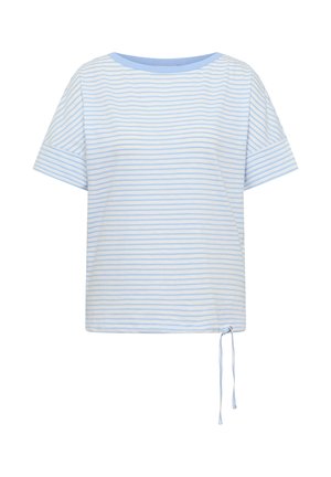 Hvid T-shirt med korte ærmer med lyseblå vandrette striber og justerbar snøre i kanten.