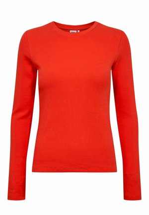Maglietta rossa a maniche lunghe realizzata in tessuto a coste. Presenta un collo rotondo e una silhouette aderente. Design semplice senza motivi o accenti visibili.