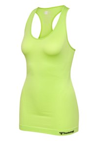 Sleeveless lime green women's athletic tank top with racerback and "hummel" logo on lower front hem.