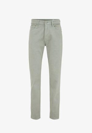 Lichtgroene katoenen broek met een rechte pasvorm, vijf zakken en een knoopsluiting aan de voorkant. Gladde textuur zonder zichtbare patronen.