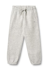 Pantalones deportivos gris claro con cintura elástica, cierre con cordón, bolsillos laterales y puños en los tobillos. Tejido suave y texturizado.