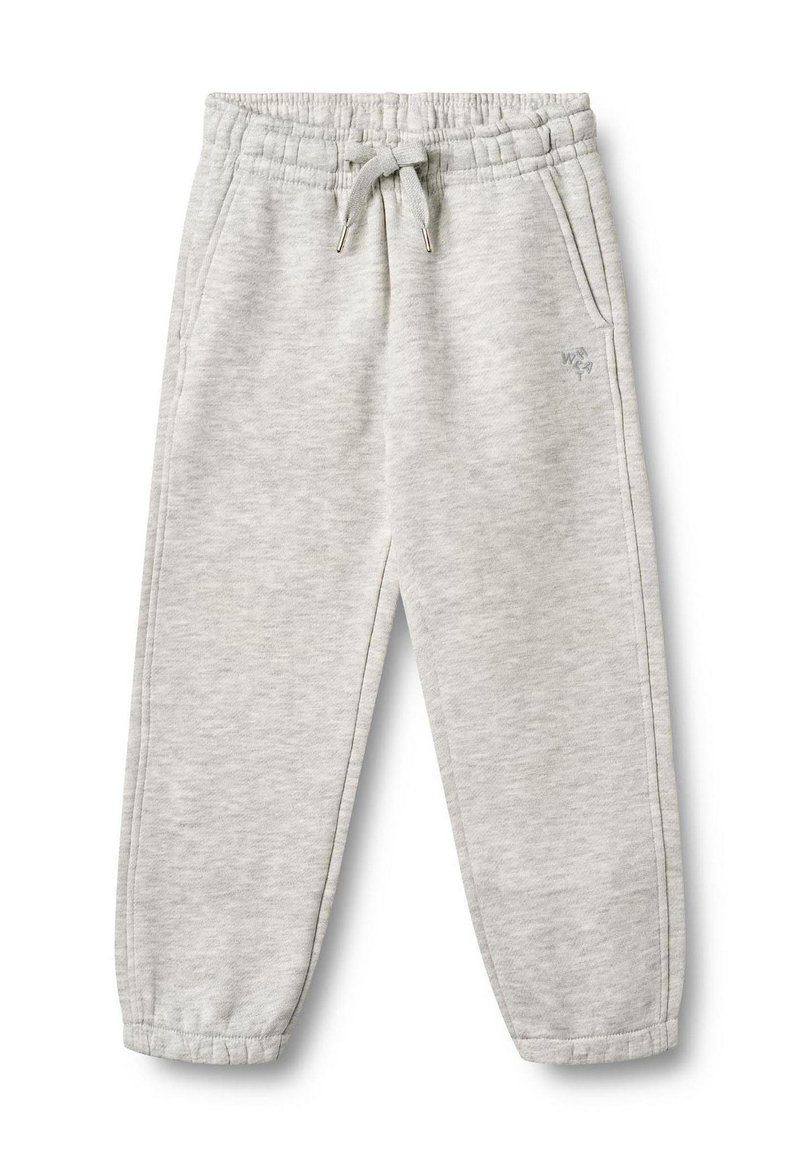 Pantalones deportivos gris claro con cintura elástica, cierre con cordón, bolsillos laterales y puños en los tobillos. Tejido suave y texturizado.