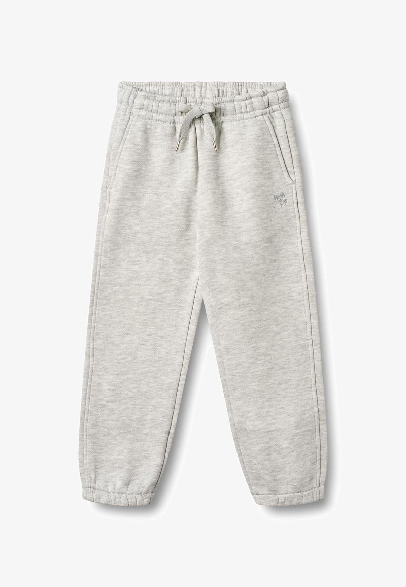 Pantalones deportivos gris claro con cintura elástica, cierre con cordón, bolsillos laterales y puños en los tobillos. Tejido suave y texturizado.