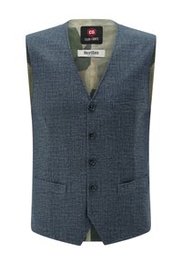 Blau gemusterte Weste mit V-Ausschnitt, Vorderknöpfen und zwei Seitentaschen. Innen mit Camouflage-Futter. Strukturierter Stoff.