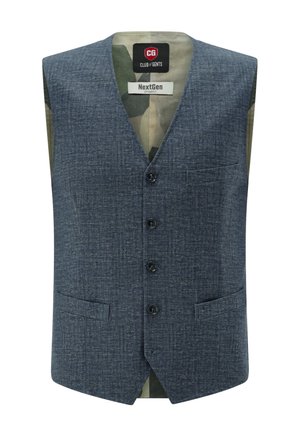 Blau gemusterte Weste mit V-Ausschnitt, Vorderknöpfen und zwei Seitentaschen. Innen mit Camouflage-Futter. Strukturierter Stoff.