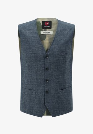 Blue patterned vest with a v-neck, front buttons, and two side pockets. Interior features a camo lining. Textured fabric.