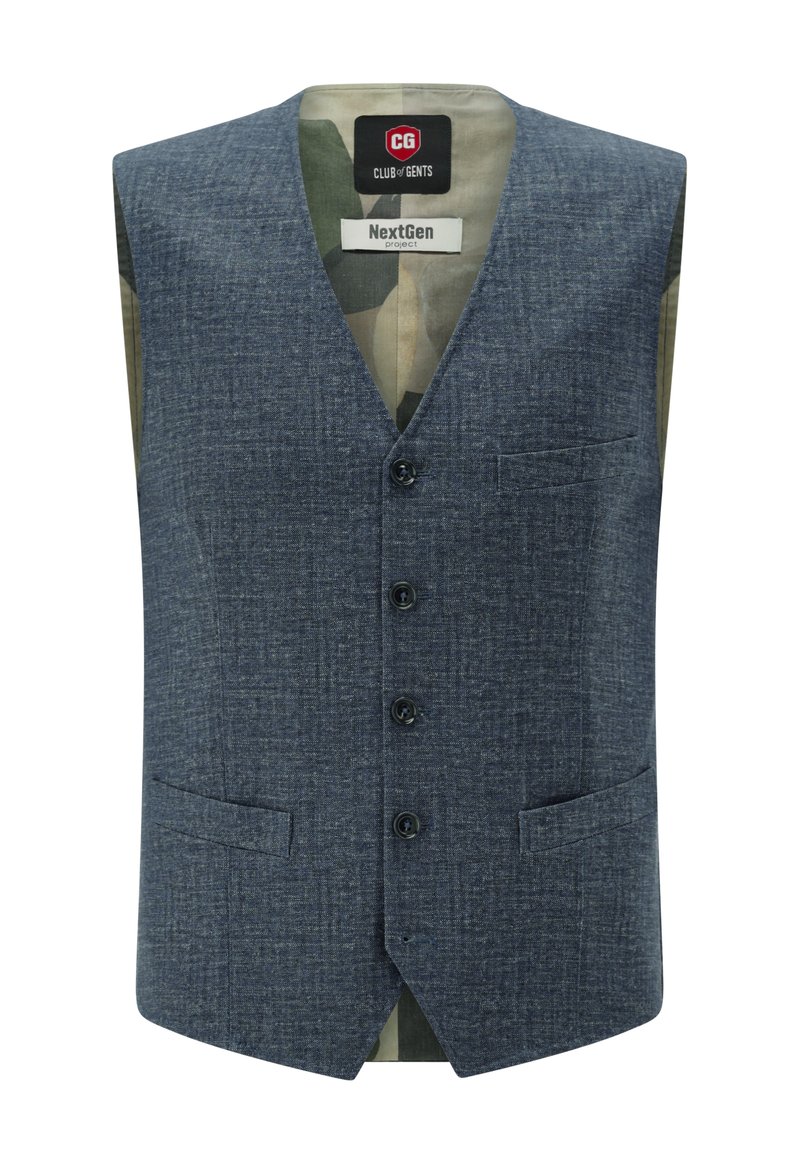 Blau gemusterte Weste mit V-Ausschnitt, Vorderknöpfen und zwei Seitentaschen. Innen mit Camouflage-Futter. Strukturierter Stoff.