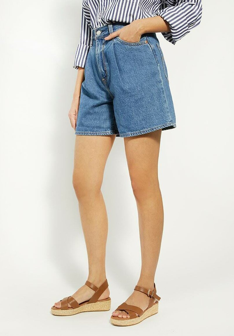 Person wearing high-waisted blue denim shorts, striped long-sleeve shirt, and brown wedge sandals with ankle straps, standing against a white background.