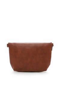 Bruine faux leren crossbody tas met een gladde textuur, rechthoekige vorm en een ritssluiting aan één kant. Eenvoudig en modern ontwerp.