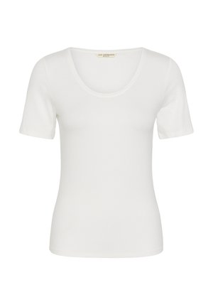 Schlichtes weißes, kurzärmeliges, tailliertes T-Shirt mit rundem Ausschnitt, dargestellt vor weißem Hintergrund.