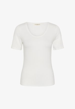 Effen wit, nauwsluitend T-shirt met korte mouwen en een ronde hals, afgebeeld tegen een witte achtergrond.