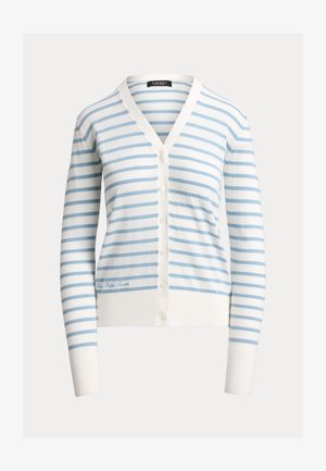 White button-up cardigan with light blue horizontal stripes and ribbed cuffs and hem, featuring a V-neck collar.