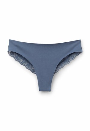 Modré spodní díly bikiny s hladkým předním materiálem a krajkovými vlnitými okraji. Vlastnosti zahrnují klasický střih a jemnou texturu.