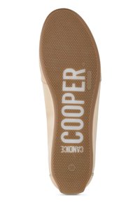 Beiger Sandalenboden mit strukturierter Oberfläche und in Weiß aufgedruckt "COOPER" und "CANDICE". Größe 38 ist in der Nähe der Ferse angegeben.