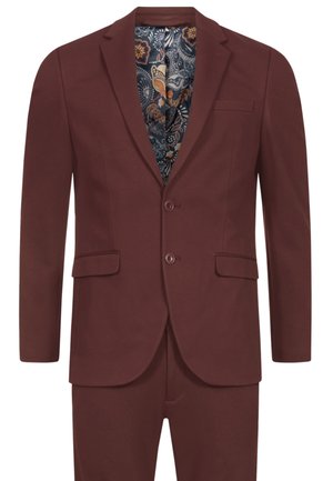 Costume bordeaux avec un revers cranté, deux boutons et poches avant. Doublé d'un tissu à motifs floraux et paisley.