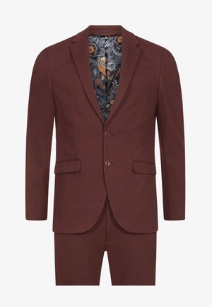 Bordeauxfarbener Anzug mit Reverskragen, zwei Knöpfen und Fronttaschen. Gefüttert mit gemustertem Stoff, der florale und Paisley-Muster aufweist.