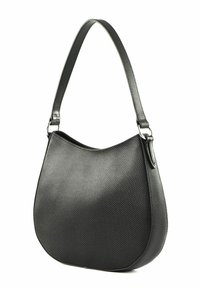 Sac à main noir texturé avec une forme courbée, une sangle lisse et une large ouverture. Présente un motif subtil et un design épuré pour plus de praticité.
