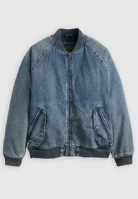 Denim bomberjacka, ljusblå, med dragkedja, ribbad krage, muddar och fåll, har två snedställda framfickor, blekt mönster, avslappnad design.