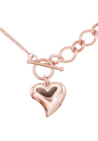 Roze gouden ketting met een schakeldesign en een gepolijste hartbedel met een kleine uitsparing in de vorm van een hart. Toggle sluiting en een gladde textuur.