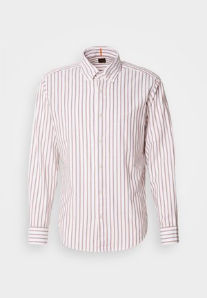 Camicia a righe bianca e rosa chiaro. Dotata di colletto, maniche lunghe e un piccolo logo sul petto. Realizzata in cotone.