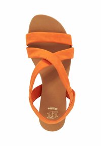Orange fabric sandal with crisscross straps, round toe design, cushioned insole, and a smooth tan outsole. Logo printed on the insole.
