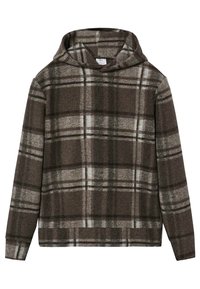 Sudadera con capucha de cuadros marrones, hecha de tela suave, con un ajuste relajado, mangas largas y una capucha grande. Los detalles incluyen líneas grises y blancas.