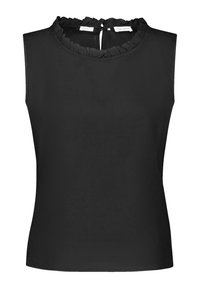 Top negro sin mangas con un escote de volante texturizado, tejido suave, forma clásica y detalle de abertura en la parte posterior.