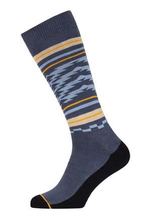 Grau gemusterte Socke mit Streifen in Hellblau, Gelb und Schwarz. Das Material hat eine glatte Textur mit verstärkter Zehen- und Fersenpartie.