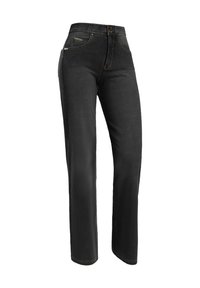 Jeans in denim nero con un design slim fit, vita alta, tasche standard, dettagli in cuciture dorate e chiusura con bottone frontale.