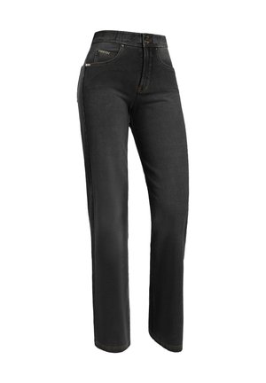 Jeans in denim nero con un design slim fit, vita alta, tasche standard, dettagli in cuciture dorate e chiusura con bottone frontale.
